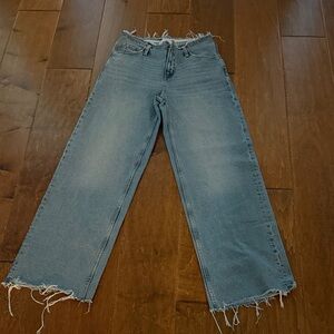 Mango Light Blue Frayed Hem Wide Leg Jeans